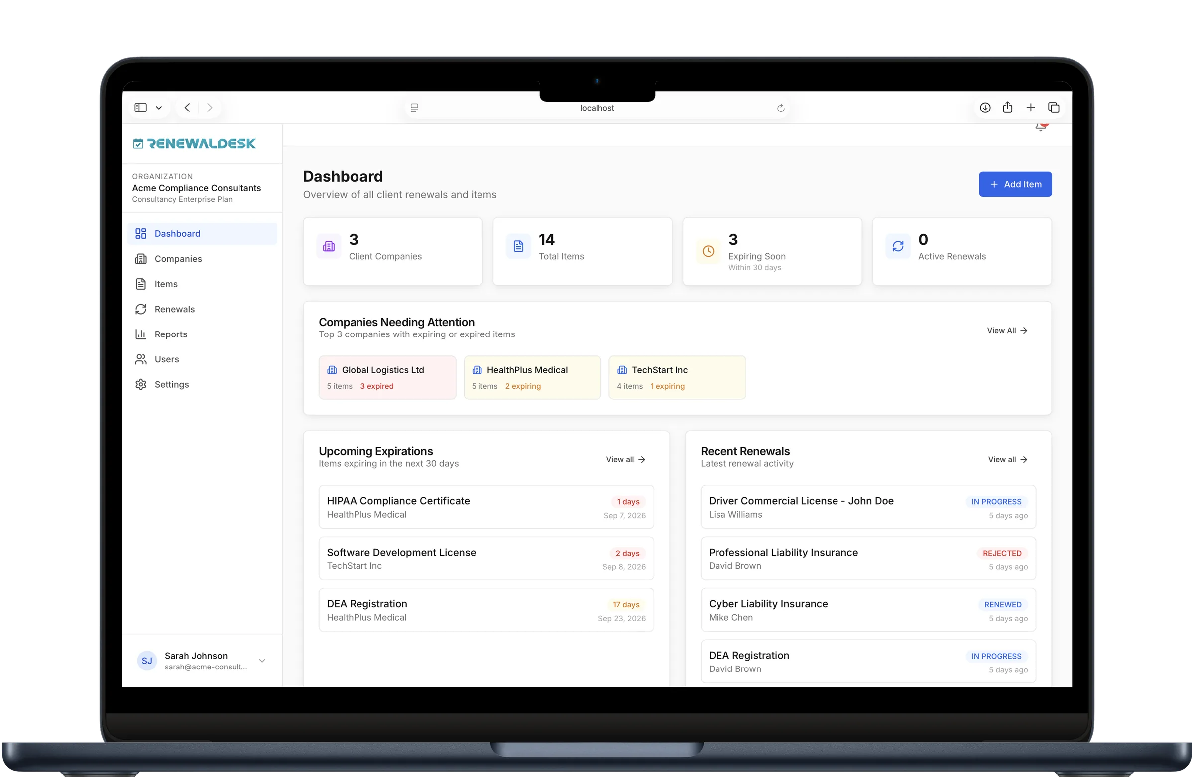 RenewalDesk dashboard showing upcoming renewals and compliance overview