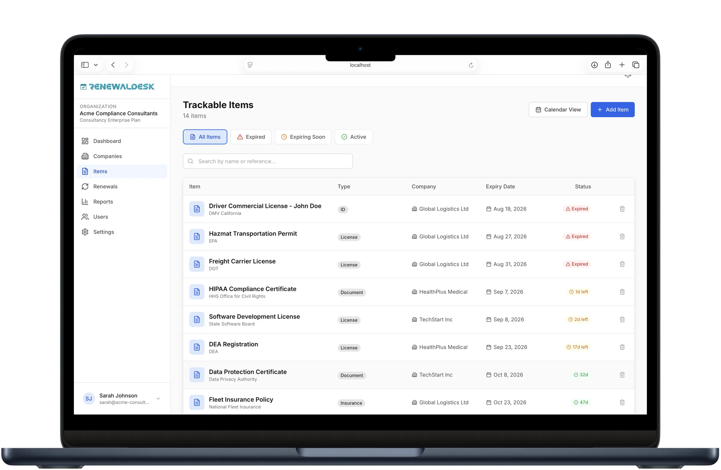 RenewalDesk list of tracked items with expiry dates and statuses