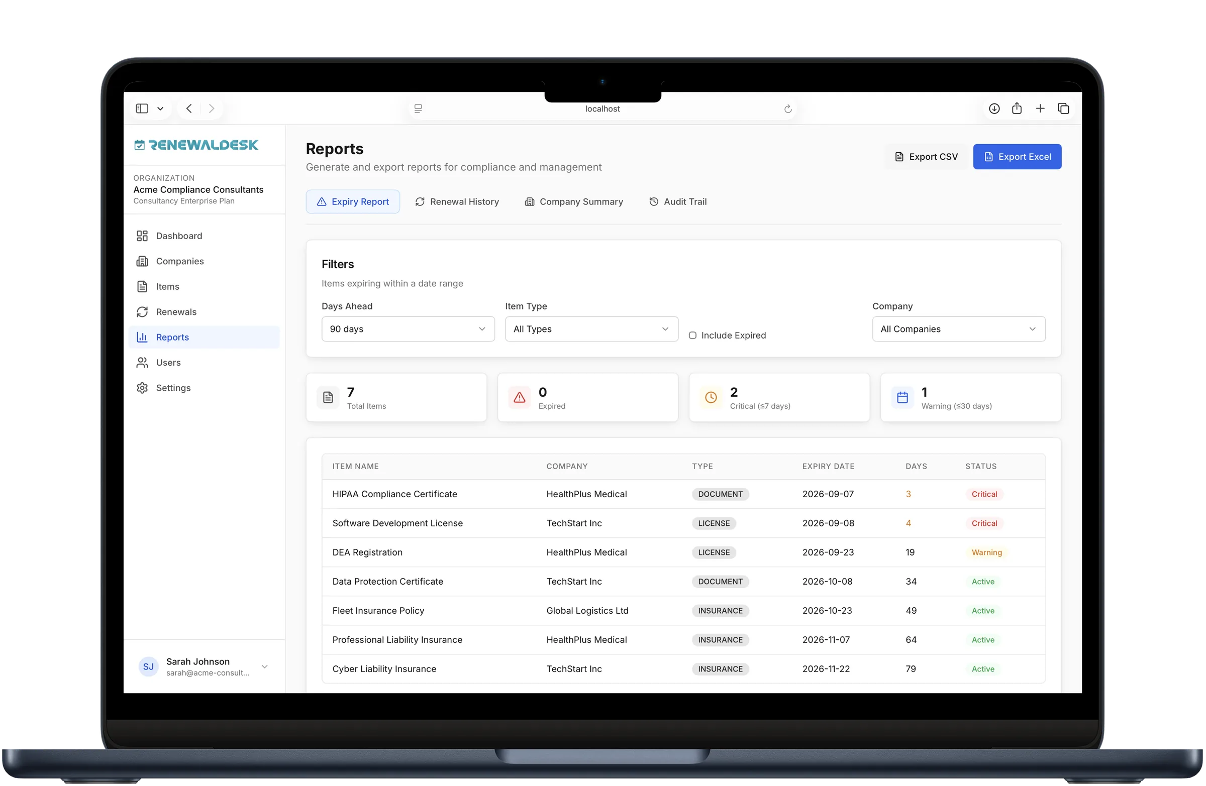 RenewalDesk renewal report with status breakdowns